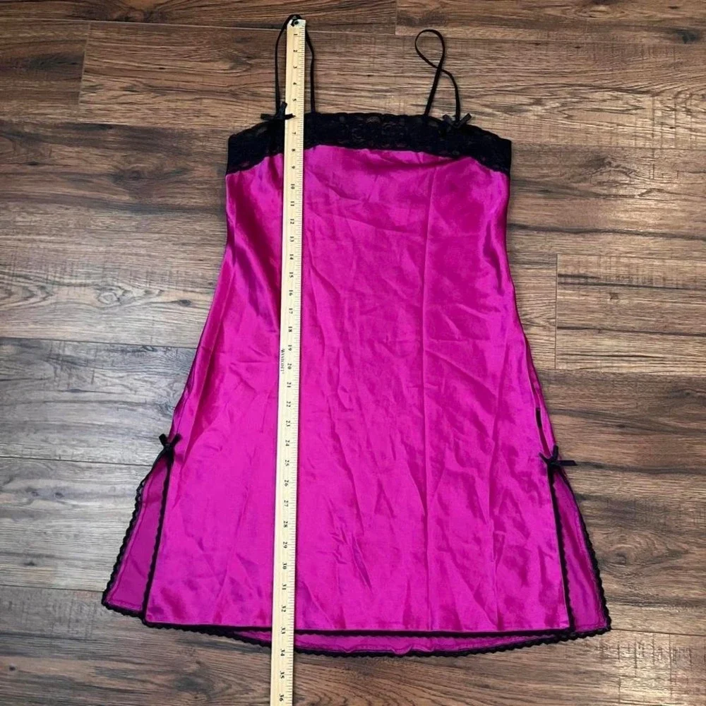 La Senza Pink Satin Slip Dress Black Lace Trim & Bow Women M Y2K Coquette Fairy - Picture 2 of 6